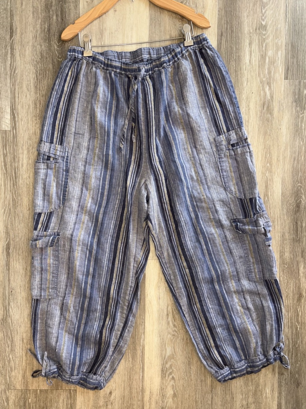 FLAX Linen Striped Cargo Crop Pants in Blue & Gray Women’s Large